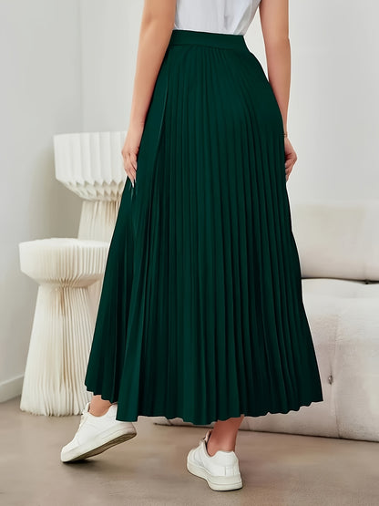 Women's Elegant High-Waisted Pleated Midi Skirt - Non-Stretch Machine-Washable All-Season Versatile Solid Color Smooth Texture for Casual & Formal Outfits, Cute Skirts, Nonelastic Fabric