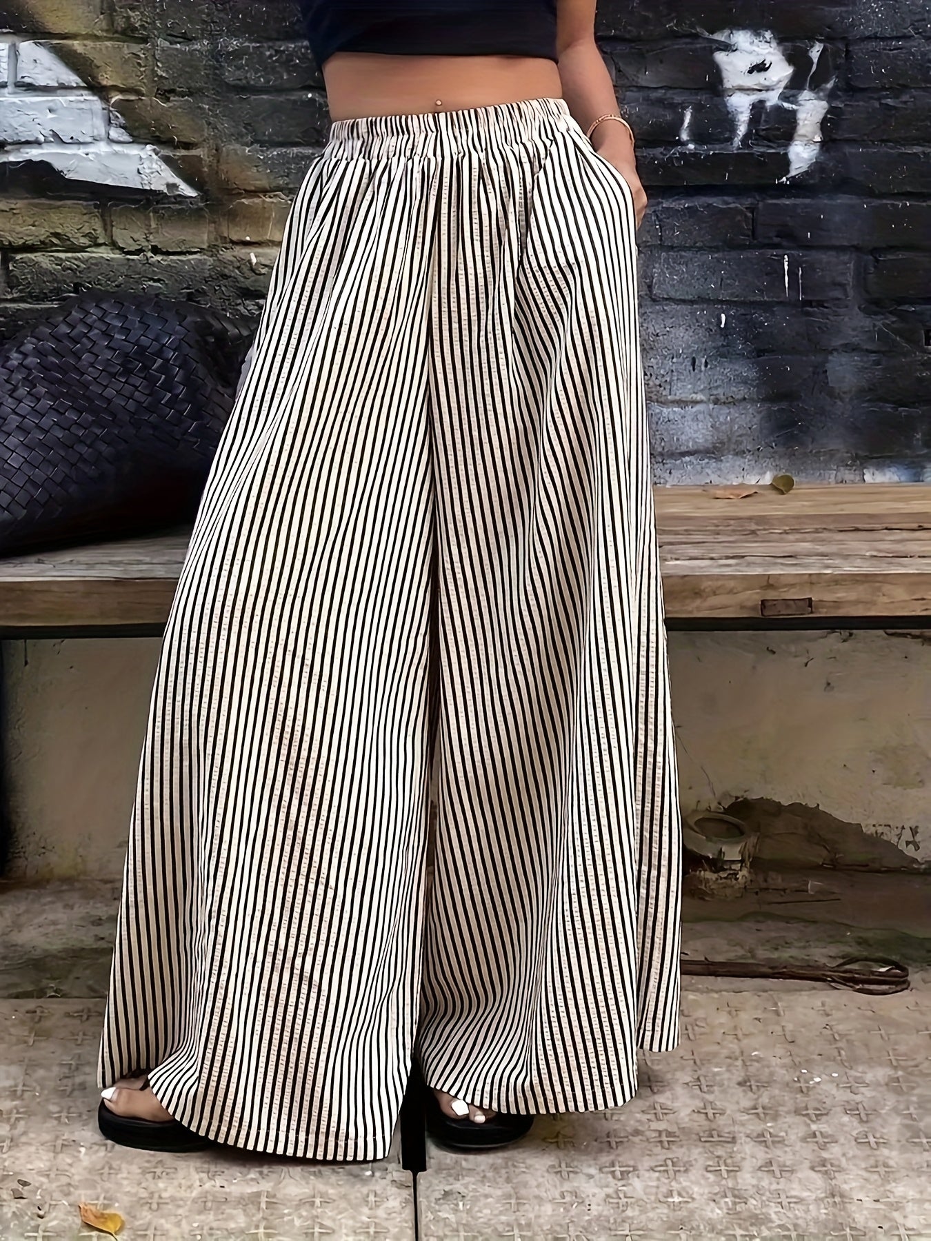 Striped Pocket Wide-Leg Pants for Women, Comfortable for All Seasons