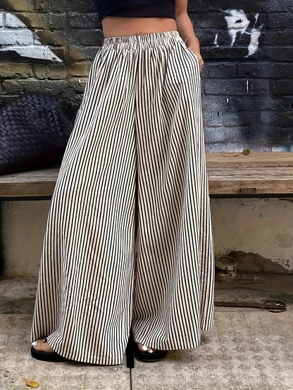 Striped Pocket Wide-Leg Pants for Women, Comfortable for All Seasons