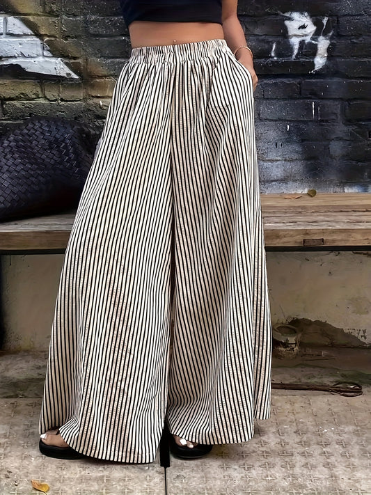 Striped Pocket Wide-Leg Pants for Women, Comfortable for All Seasons