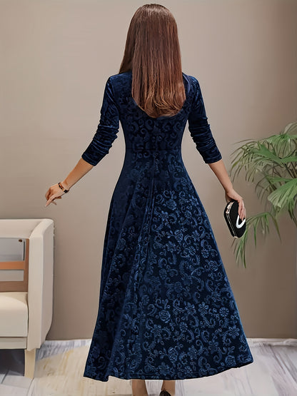 Directional Style Velvet Floral Pattern Long Sleeve Dress New Year Elegant Square Neck Dress
