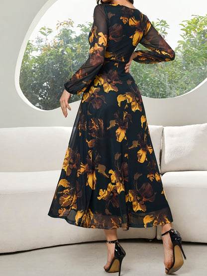 Women's Lace Dress WJ435, Elegant Floral Cinched Waist Long Dress, Deep V-Neck, Business Party, Spring/Autumn, Yellow Black Print Lace