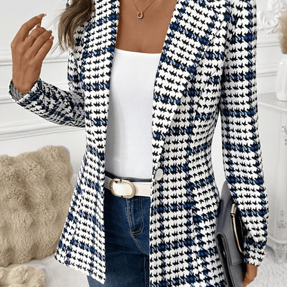 ASD1 Fashionable Women's Elegant Suit Jacket, Stylish Slim-Fit Houndstooth Print Lapel Blazer