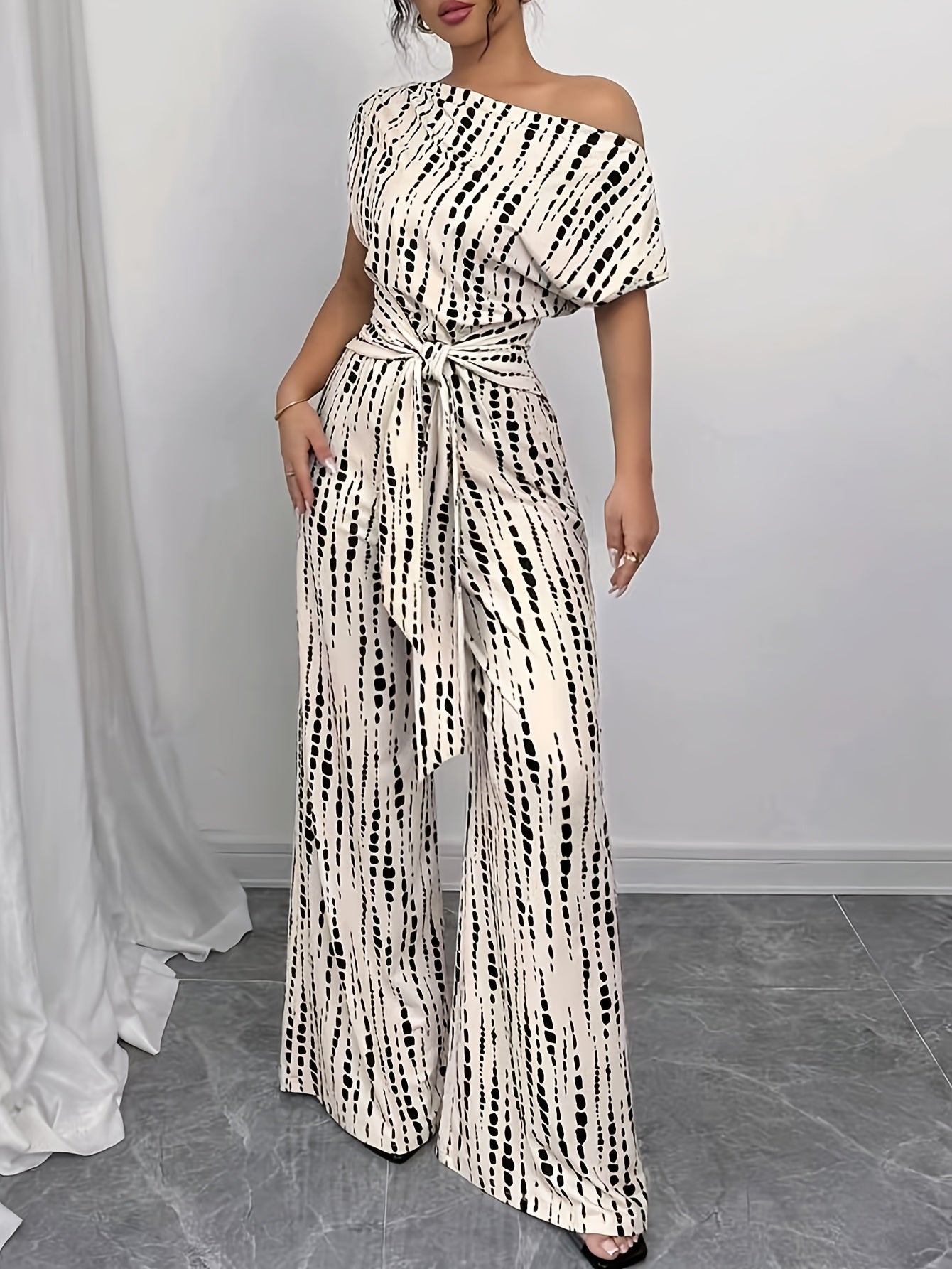 Wide-leg Jumpsuit, High-waisted Summer Women's Tie-up Printed Commuting Jumpsuit