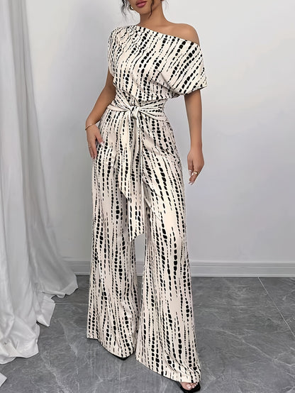 Wide-leg Jumpsuit, High-waisted Summer Women's Tie-up Printed Commuting Jumpsuit