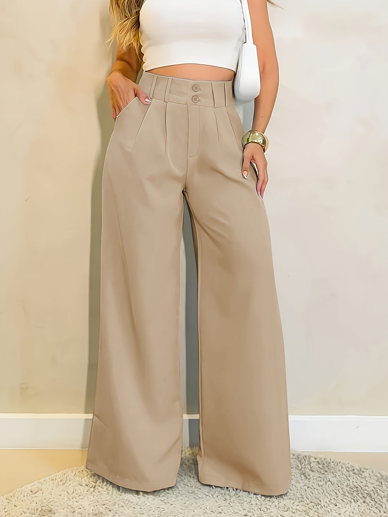 Elegant Ladies' Straight-Leg Trousers with Front Slant Pocket | Non-transparent Fabric, Wide Waist, Loose Fit, Suitable for All Seasons, Machine Washable, Versatile Styling with Front Mid-Fold Design, Comfort Fit