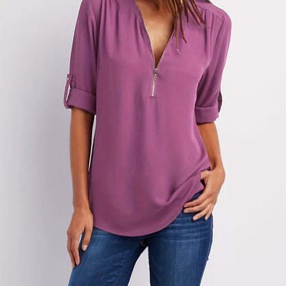 V-Neck Zipper Women'S Long-Sleeved Roll-Up Sleeve Loose Chiffon Shirt