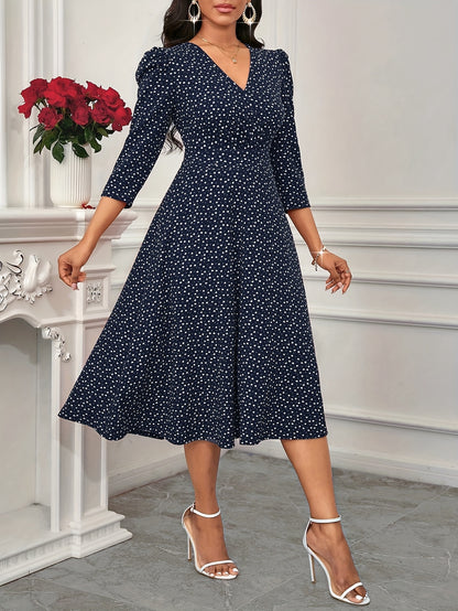 2026 New Valentine's Day, New Year Party, Suitable for Daily Work Wear, Suitable for All Seasons Elegant Fashion Versatile Daily Date V-Neck 3/4 Sleeve Waist Flared Long Red and Blue Women's Elegant Dress, Women's Polka Dot Small Heart Print Dress