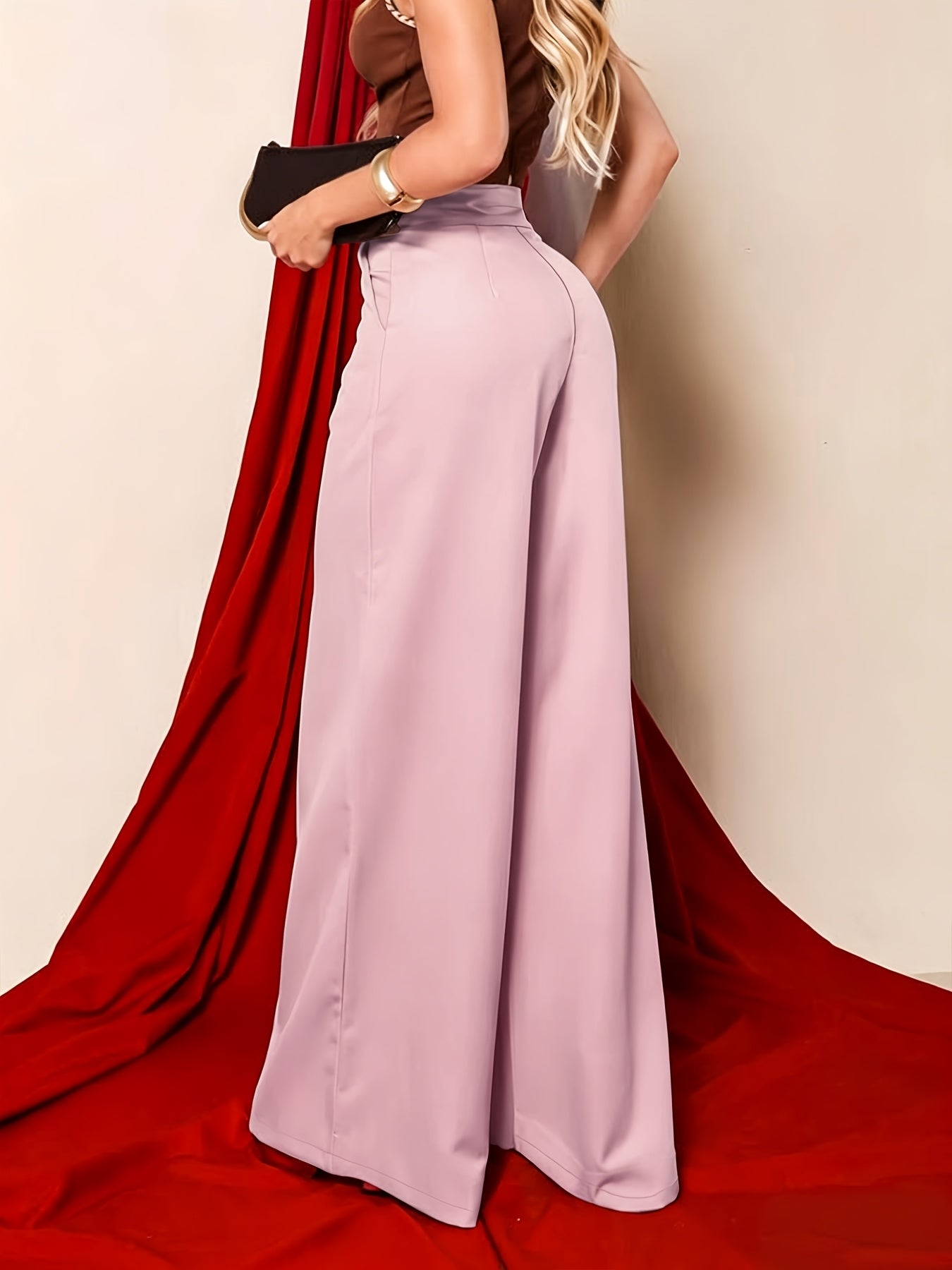 New Fashionable Solid Color Pocket Women's Casual High-Waist Notched Waistband Versatile Straight-Leg Pants, Accessories Not Included