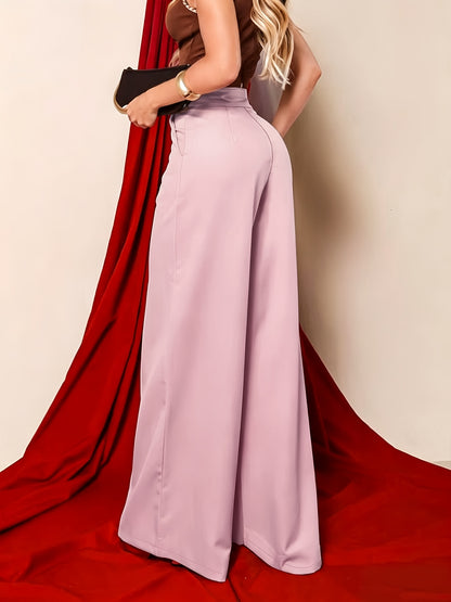 New Fashionable Solid Color Pocket Women's Casual High-Waist Notched Waistband Versatile Straight-Leg Pants, Accessories Not Included
