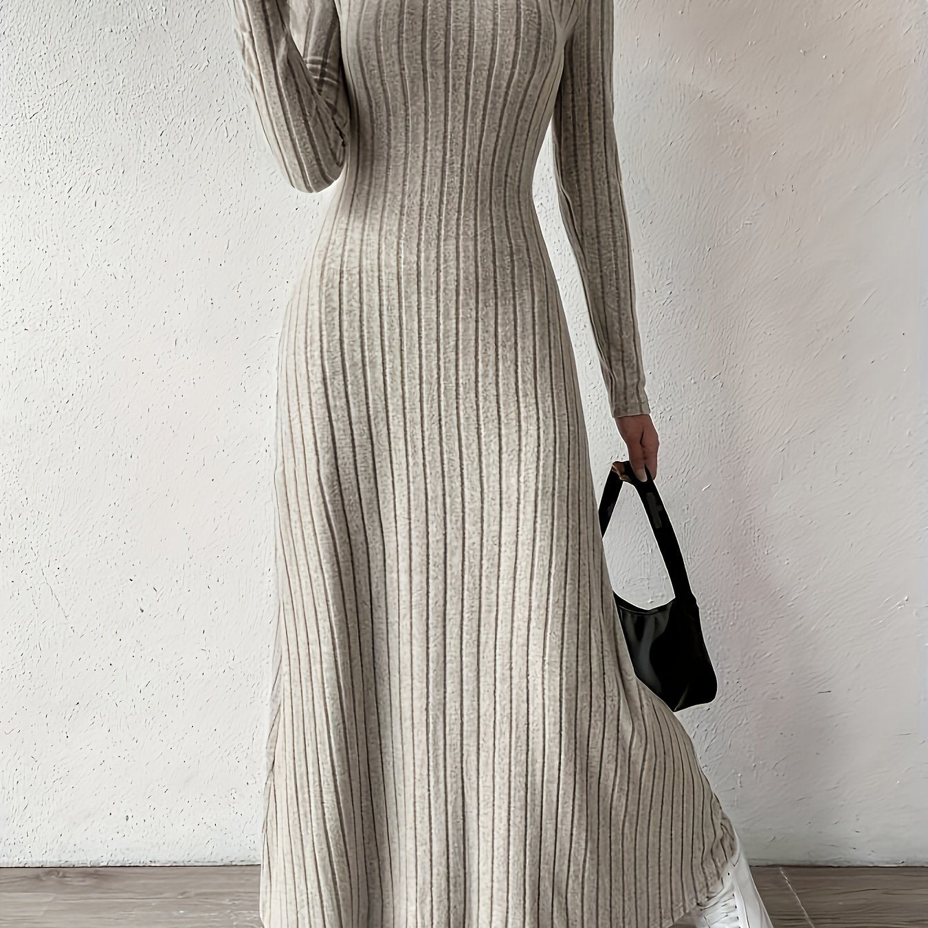 Women's Elegant V-Neck Long Sleeve A-Line Dress - Solid Color Machine Washable Fall Dress with Flattering Silhouette, Versatile for Casual & Formal Occasions, Long Sleeve Maxi Dress, Comfortable Fit
