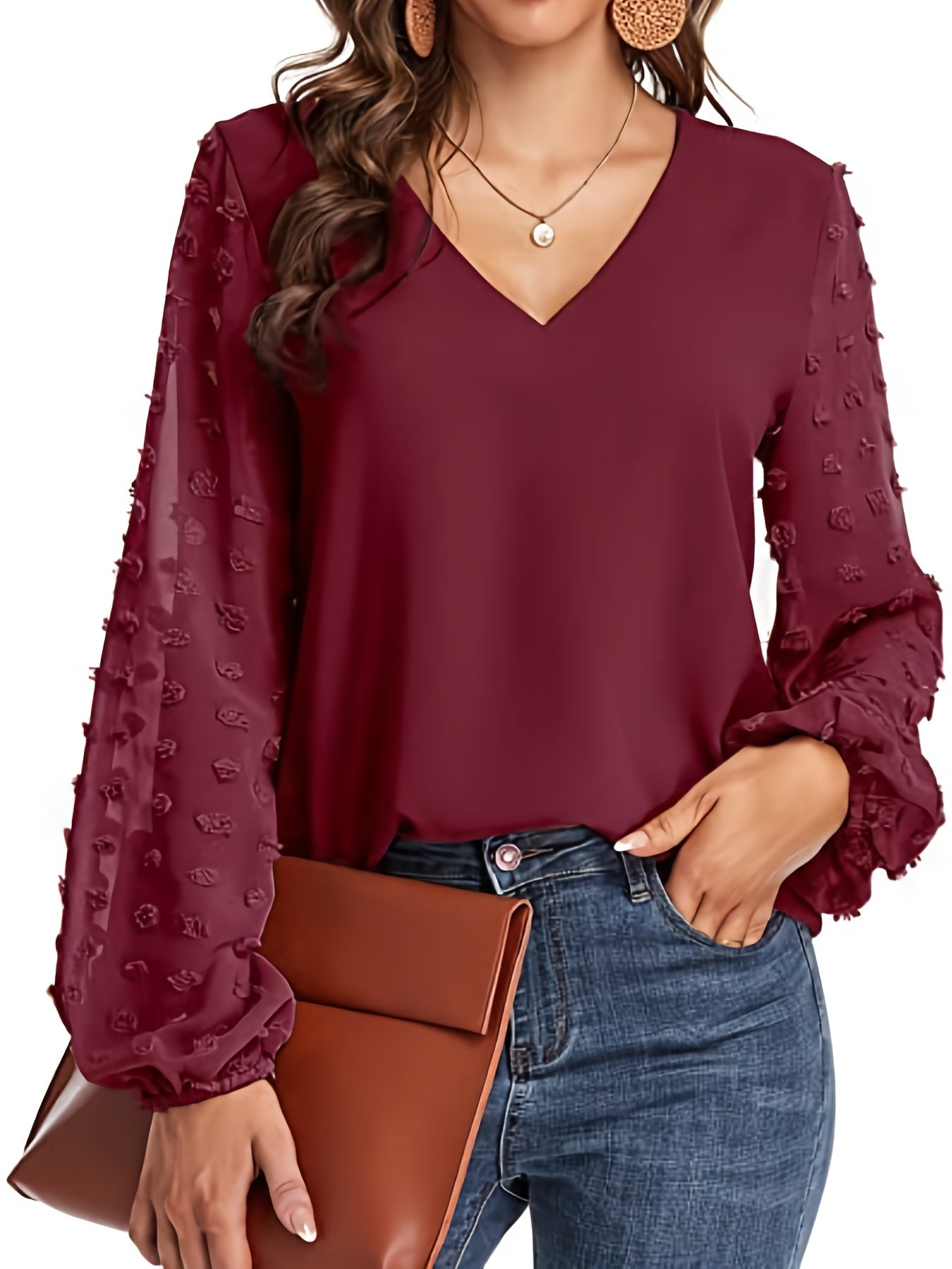 Swiss Dot Sleeve Shirt, Casual V Neck Solid Shirt For Spring & Fall, Women's Clothing