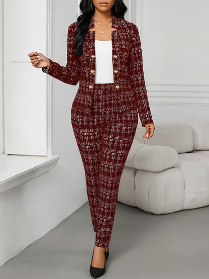 Elegant Plaid Suit 2pcs Set with Front Double-Breasted Button Detail, Trousers for Commuting and Casual Wear