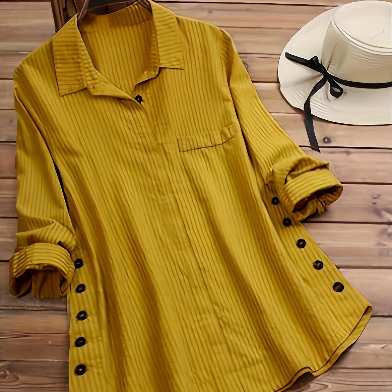Spring/Autumn New Women's Solid Color Striped Button-Up Faux Pocket Striped Long Sleeve Long Shirt Top