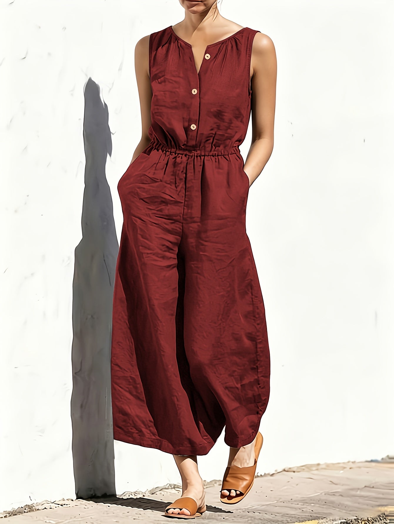 Commuting Style Navy Jumpsuit Sleeveless Button Waist Wide-Leg Casual Jumpsuit