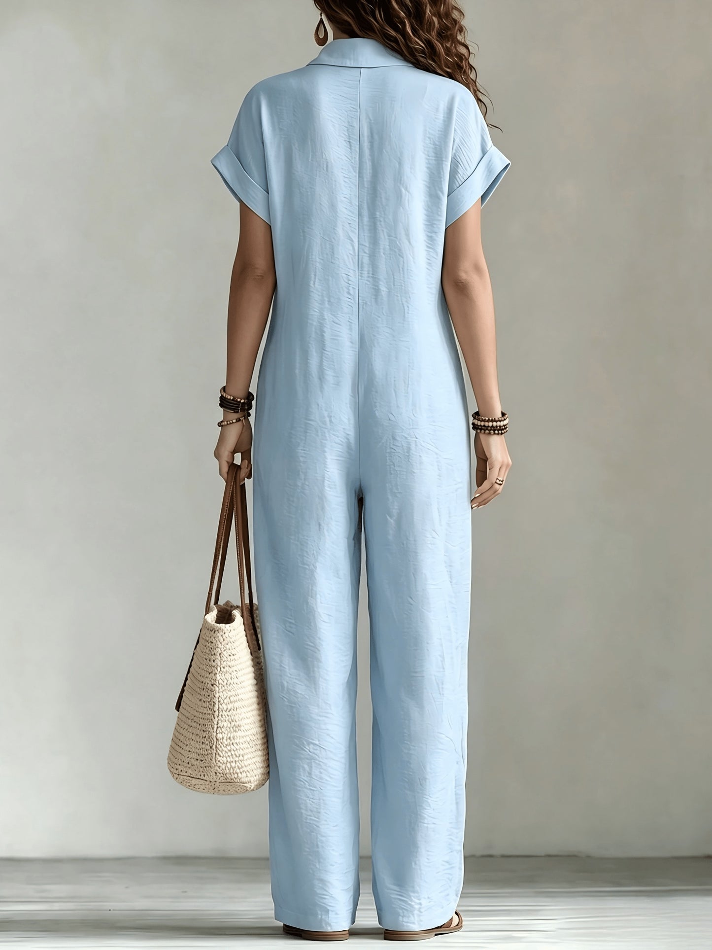 Women's Summer Short Sleeve Jumpsuit/Collared Single-Row Button Loose Straight Style/Casual Cargo Overalls/Loose Straight Drape Long Pants/Daily Commute Casual All-Match Fashion Comfortable