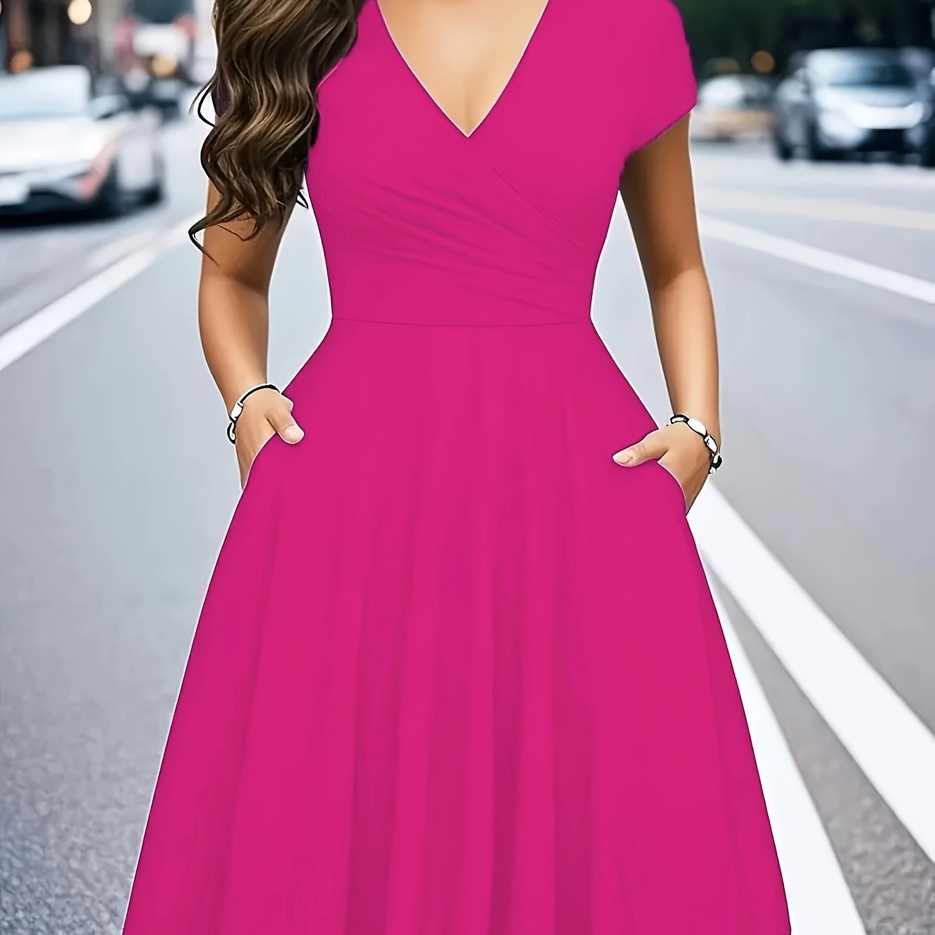-Border Women'S Dress, Solid V-Neck Pocket A-Line Elegant