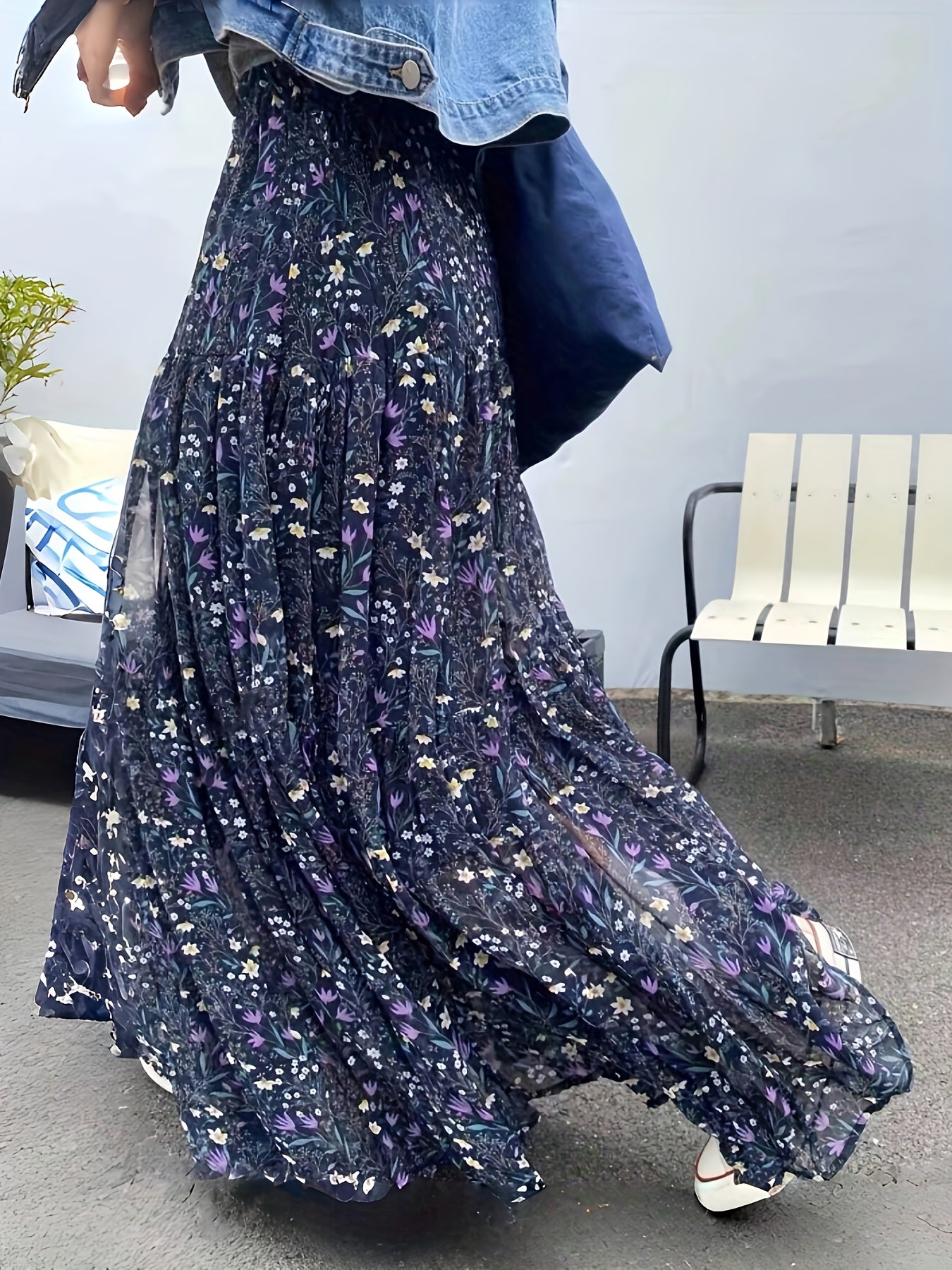 [Floral Chiffon Midi Skirt] Elegant High-Waisted Floral Chiffon Midi Skirt - Loose And A-Line Chiffon Skirt