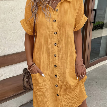 Easy Solid Color Shirt Dress, All- Breathable, Lapel Design Exudes Professionalism, Buttons Arranged in Order, Adding a Touch of Retro Charm