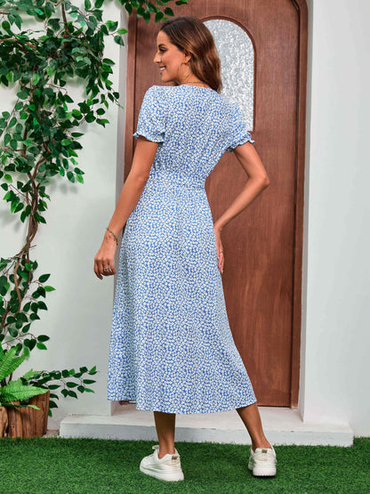 Chic Floral Print Tie-Side Ruffled Detail Spring Maxi Dress