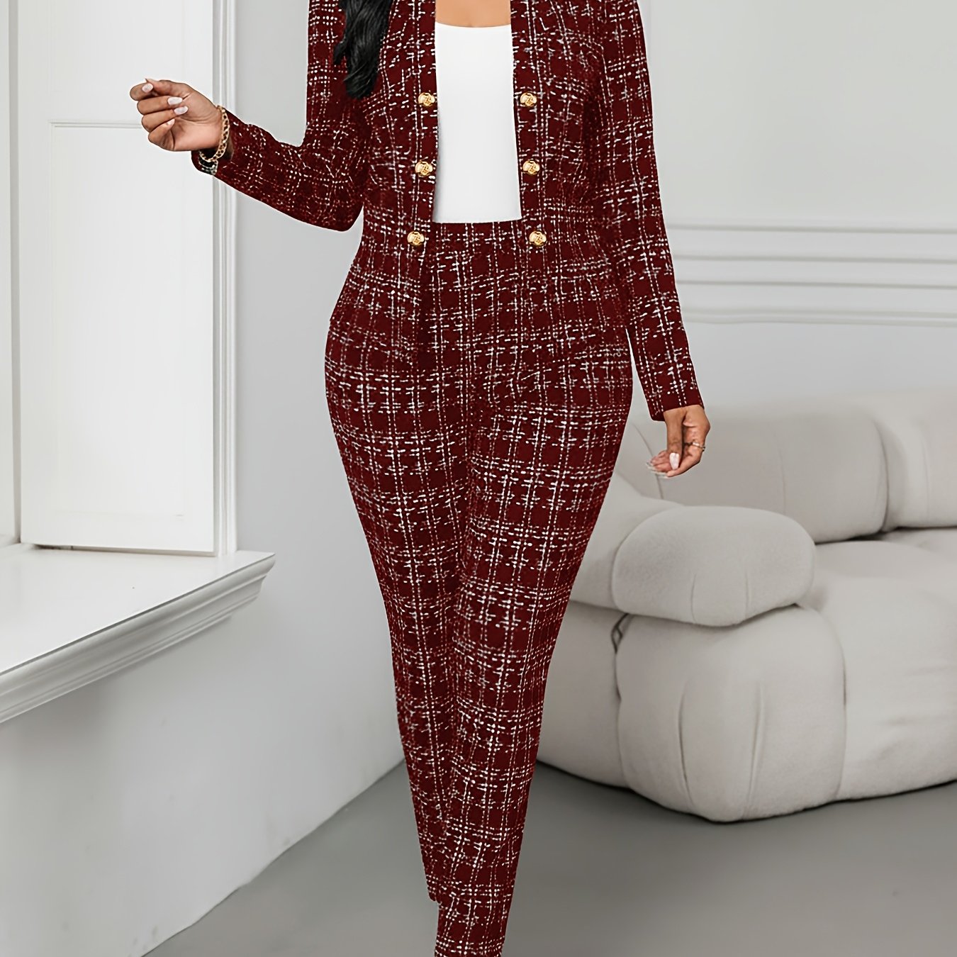 Elegant Plaid Suit 2pcs Set with Front Double-Breasted Button Detail, Trousers for Commuting and Casual Wear