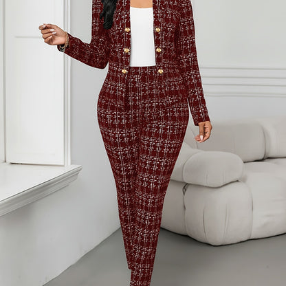 Elegant Plaid Suit 2pcs Set with Front Double-Breasted Button Detail, Trousers for Commuting and Casual Wear