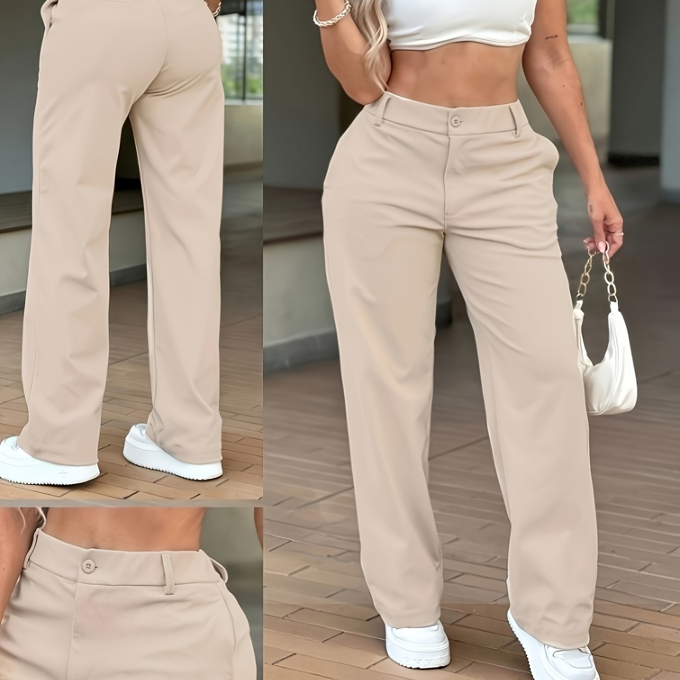 Spicy Khaki Straight-Leg Pants for Women, Loose-Fitting Flowy Versatile Long Pants, Trendy High-Waist Khaki Straight-Leg Pants for Women, and Figure-Flattering Wide-Leg Floor-Length Trousers, Women's White and Khaki High-Waist Slim-Fit Casual
