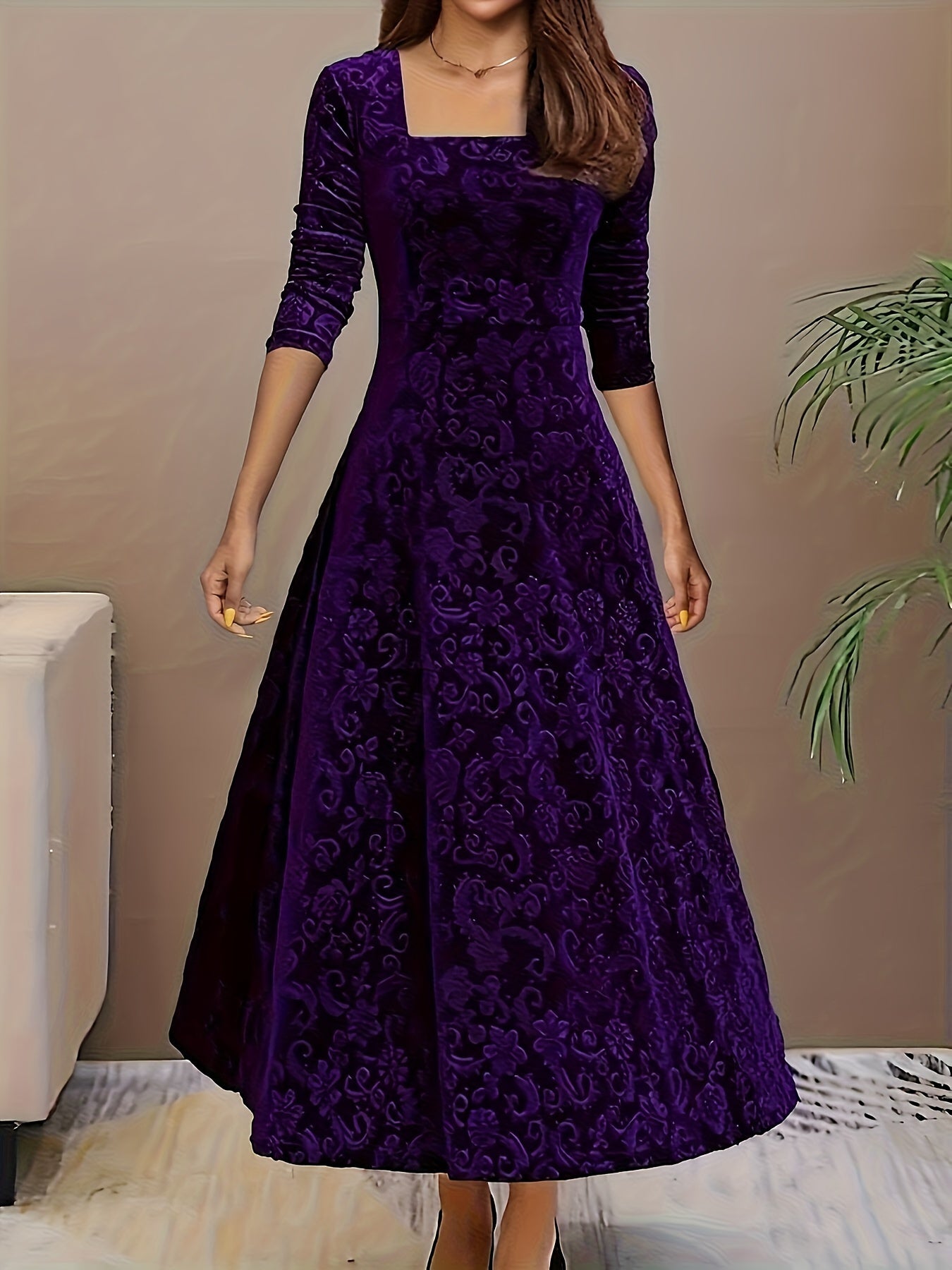 Directional Style Velvet Floral Pattern Long Sleeve Dress New Year Elegant Square Neck Dress
