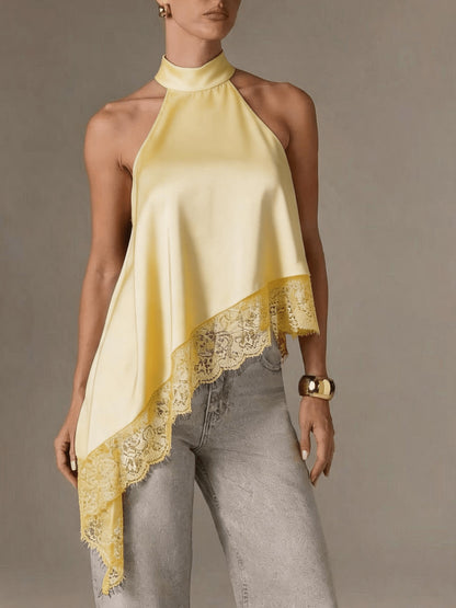 Halter Vest, Directional Style Elegant Temperament Top, Irregular Patchwork Lace Neckline