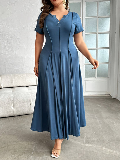 Plus Size, Button- Collar with Pleated Detail Short Sleeve Dress, Suitable for Beach, Party, Summer, Casual, Vacation, and Date