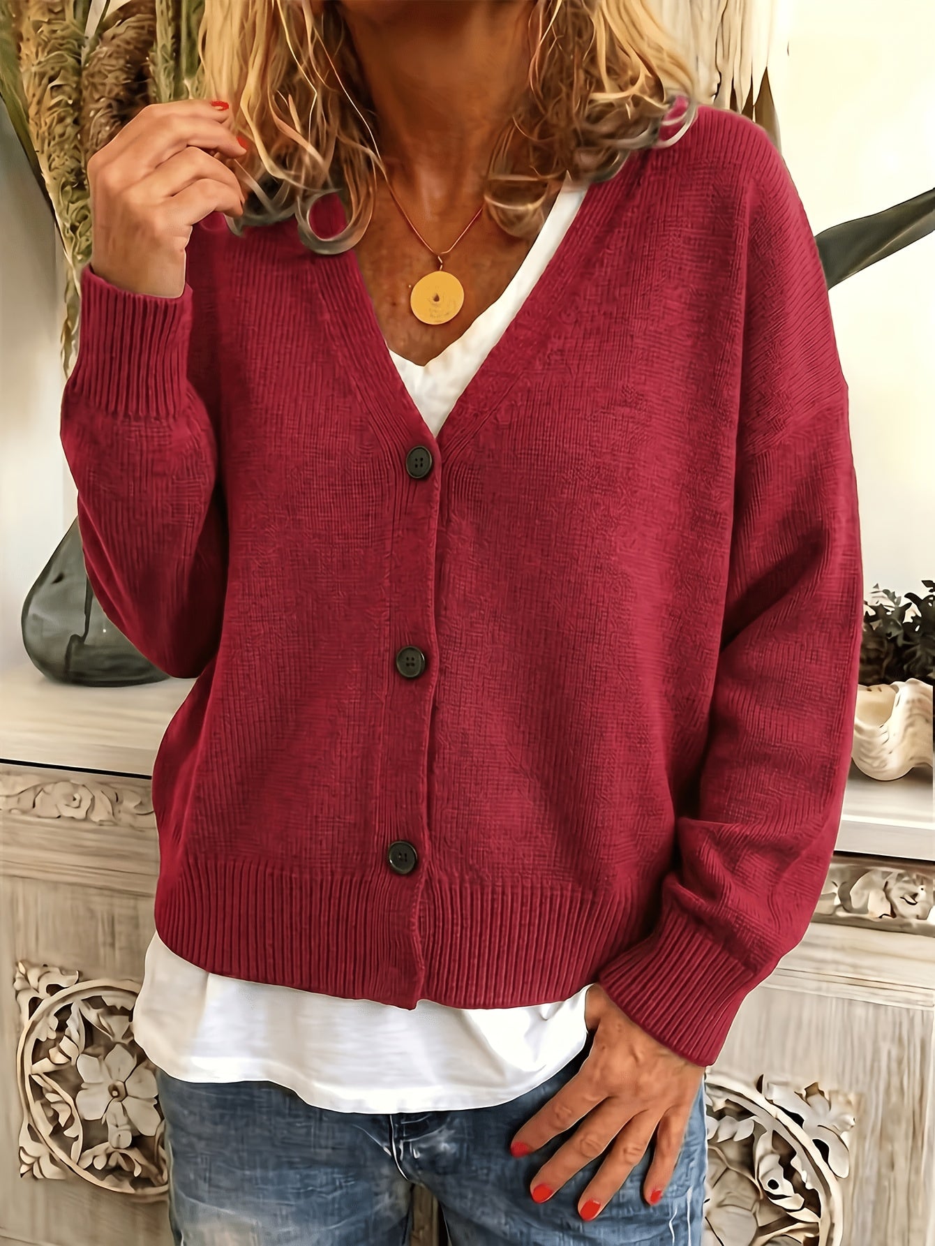 2026 Women'S Fashion V-Neck Button-Up Sweater, Casual Long Sleeve, Easy Style, Suitable for Outerwear, Relaxed And Casual, Autumn/Winter