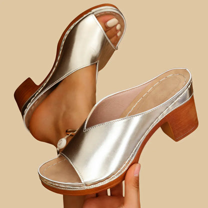 Comfortable Mules Heels for Women with Wide Band Wood Look Block Heel Peep Toe Slide Style