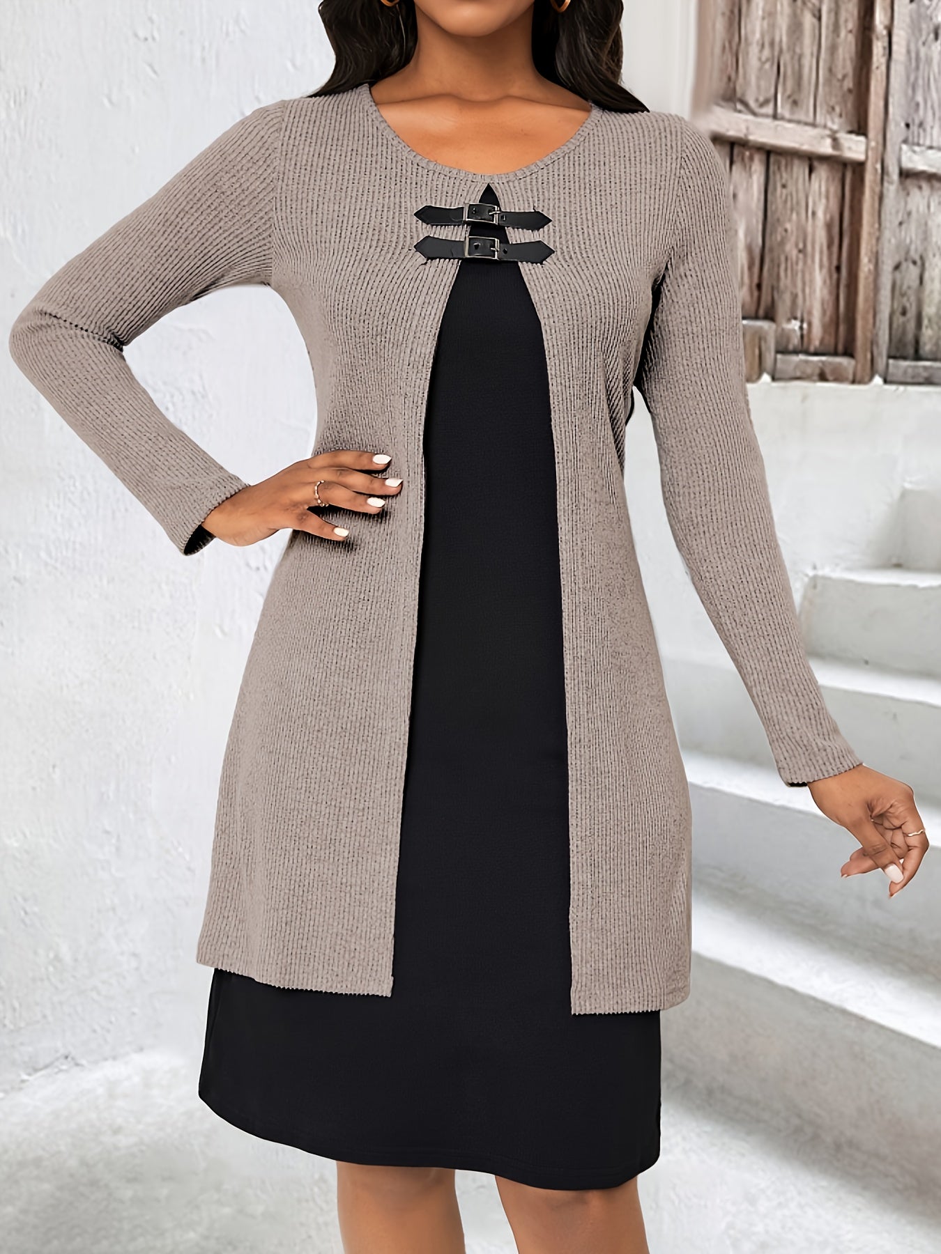 Autumn/Winter New Round Neck 2-in-1 Look Spliced Color-Block Women's Fashion Elegant Dress