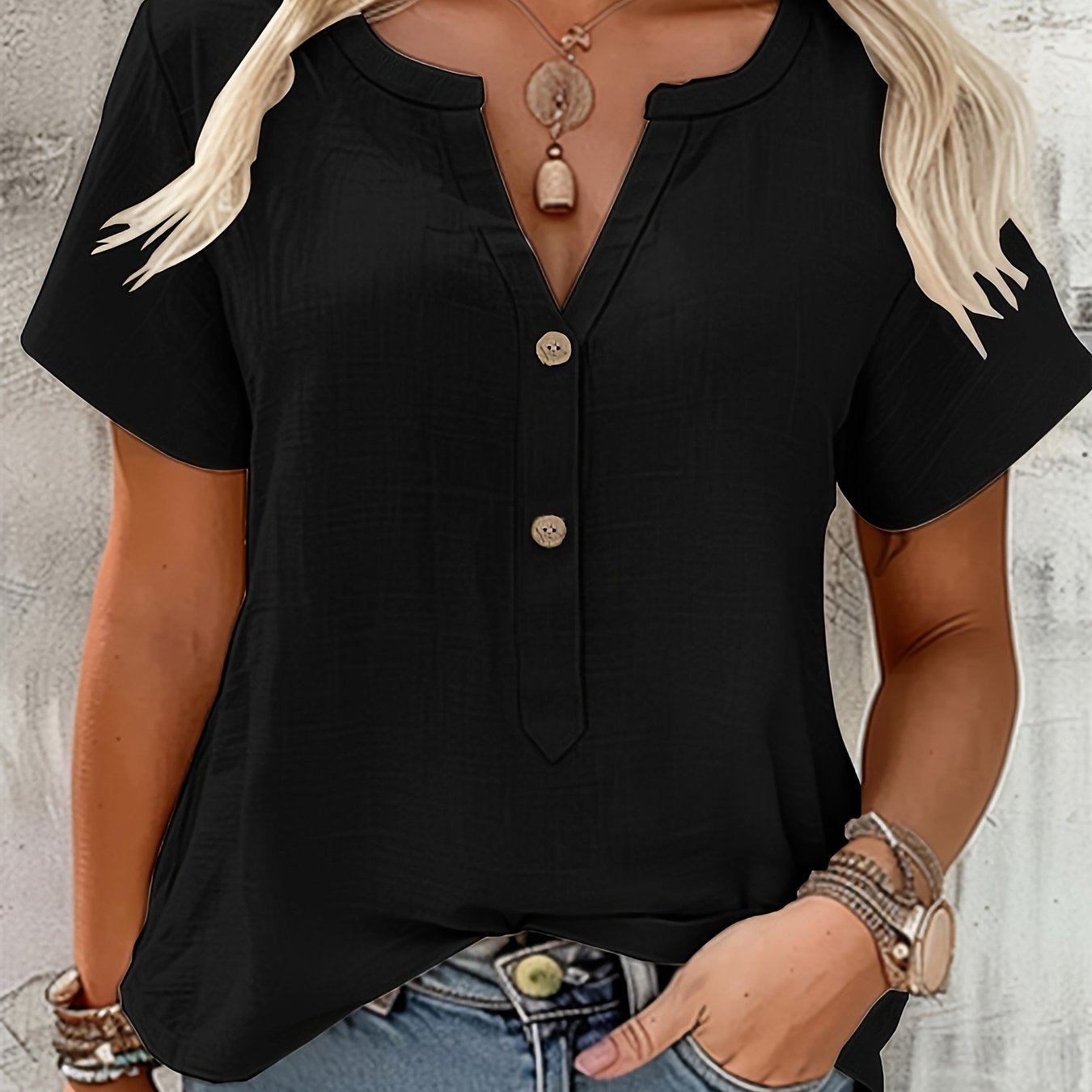 Women's Elegant V-Neck Blouse - Loose Fit Button-Front Top, Non-Stretch Casual & Formal Shirt for Everyday Special Occasions - Women's Clothing, Versatile Top, Lightweight Fabric, Stylish Top, Fashion Women