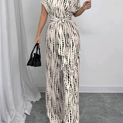 Wide-leg Jumpsuit, High-waisted Summer Women's Tie-up Printed Commuting Jumpsuit