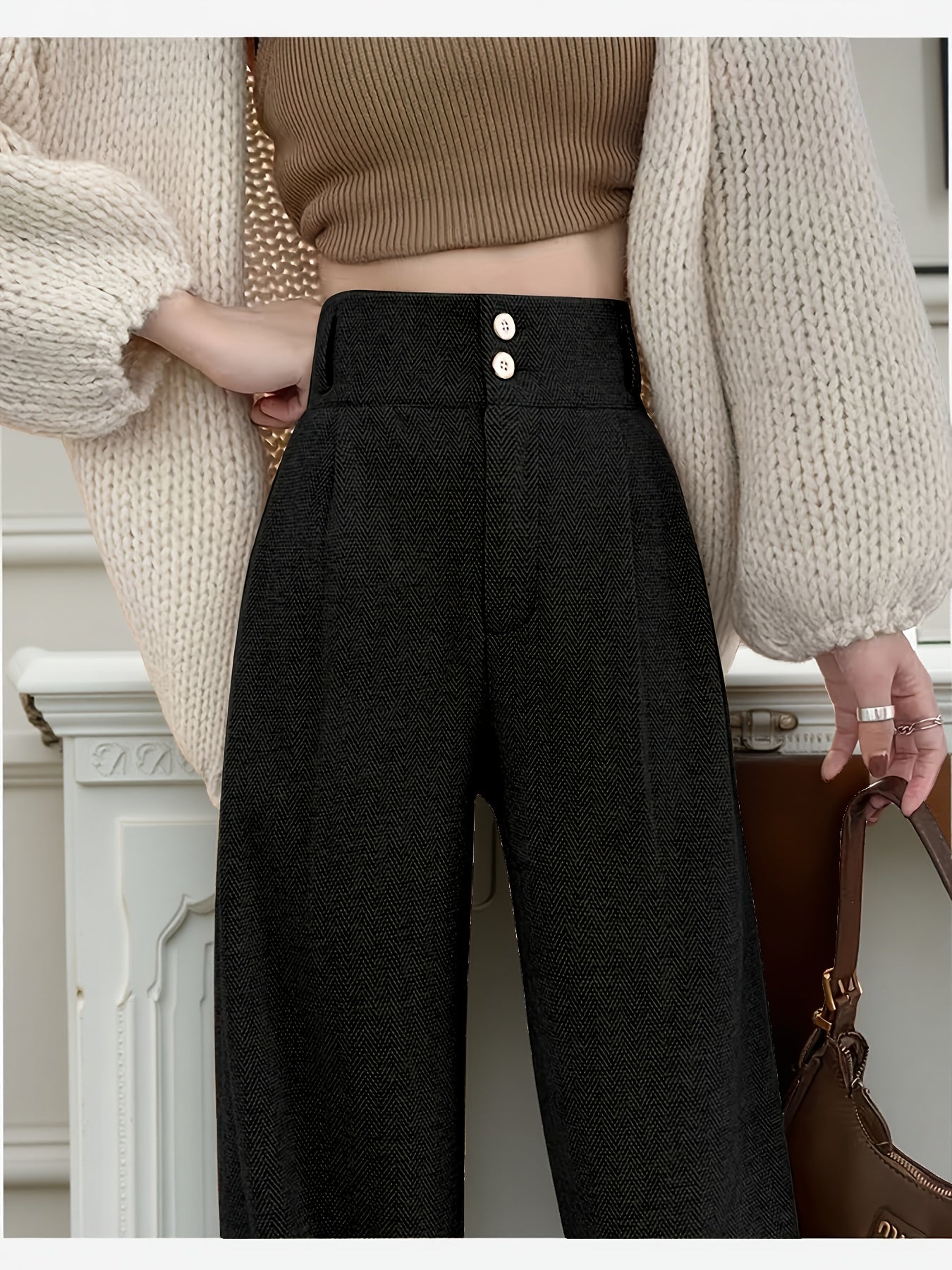 Women's Simple Commuter Straight-Leg Loose Elastic Pants, Draping Tweed Wide-Leg Trousers, Autumn-Winter Women's Clothing, Elegant Casual Long Pants, High-Waisted Suit Pants