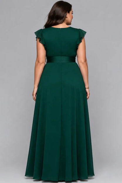 Flycurvy Plus Size Wedding Guest Dark Green Chiffon Ruffle Sleeve Slit Hem Maxi Dress With Belt