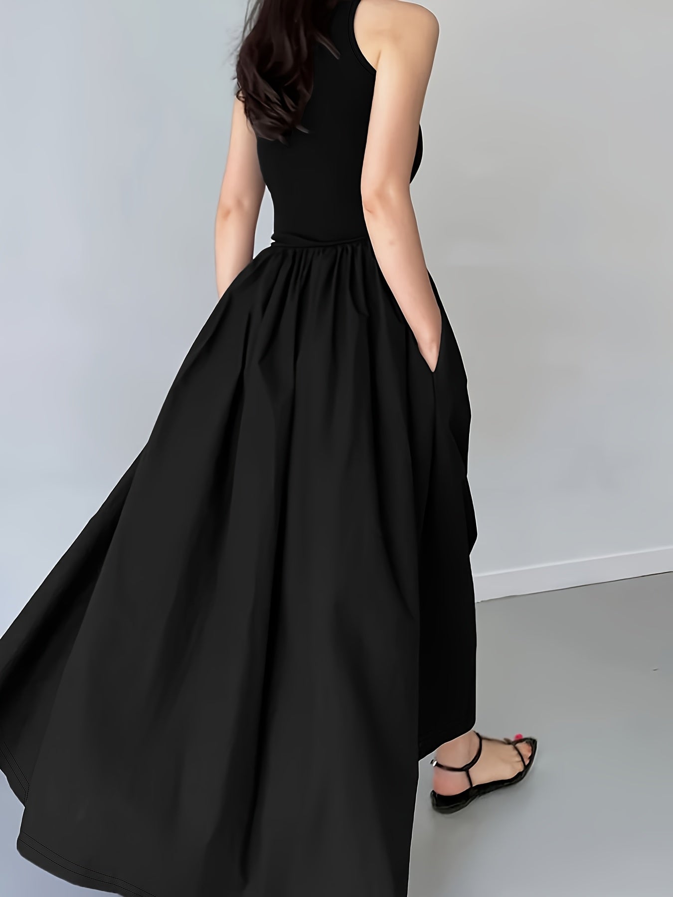 [Women's Midi Dress] Women's Casual Sleeveless Midi Dress - Round Neck, Solid Color, Pleated A-line Skirt, Suitable for All Seasons
