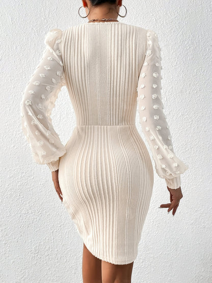 Elegant European and American Style Spring/Summer Women's Fashion Ribbed Long Sleeve Slim-Fit Dress