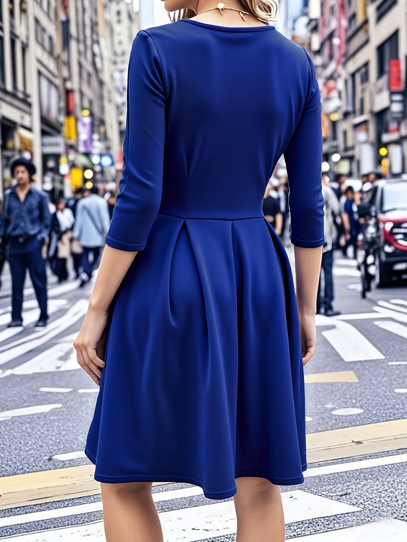 Elegant Women'S Navy Blue Dress with Waist-Cinching and Flared Skirt | Square Neck, Solid Color, Pocket Details, Perfect for Spring/Fall, Ideal for Daily Commute and Work Meetings