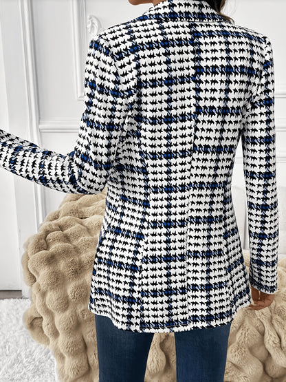 ASD1 Fashionable Women's Elegant Suit Jacket, Stylish Slim-Fit Houndstooth Print Lapel Blazer