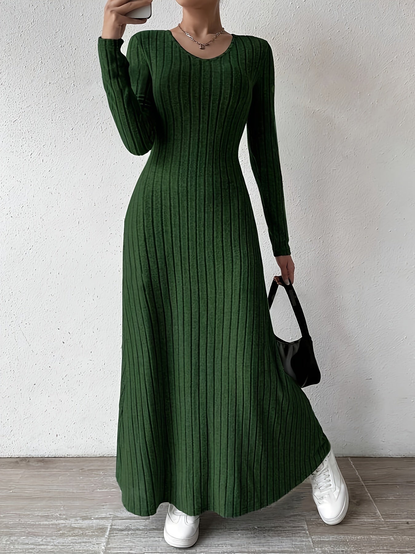Women's Elegant V-Neck Long Sleeve A-Line Dress - Solid Color Machine Washable Fall Dress with Flattering Silhouette, Versatile for Casual & Formal Occasions, Long Sleeve Maxi Dress, Comfortable Fit