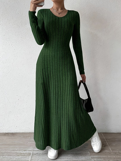 Women's Elegant V-Neck Long Sleeve A-Line Dress - Solid Color Machine Washable Fall Dress with Flattering Silhouette, Versatile for Casual & Formal Occasions, Long Sleeve Maxi Dress, Comfortable Fit