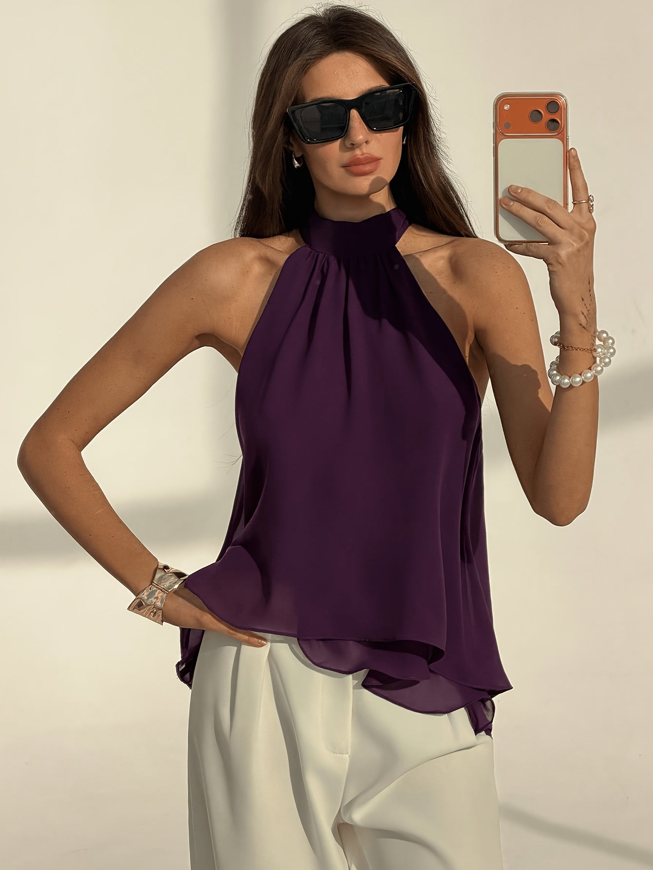 Plum Purple Women's Sexy Bohemian Minimalist Off-Shoulder Ruched Chiffon A-Line Top, Spring/Summer Style, Spring Women's Wear, Beach Vacation Outfit, Summer Holiday Attire, Casual Top, Women's Vacation Wear