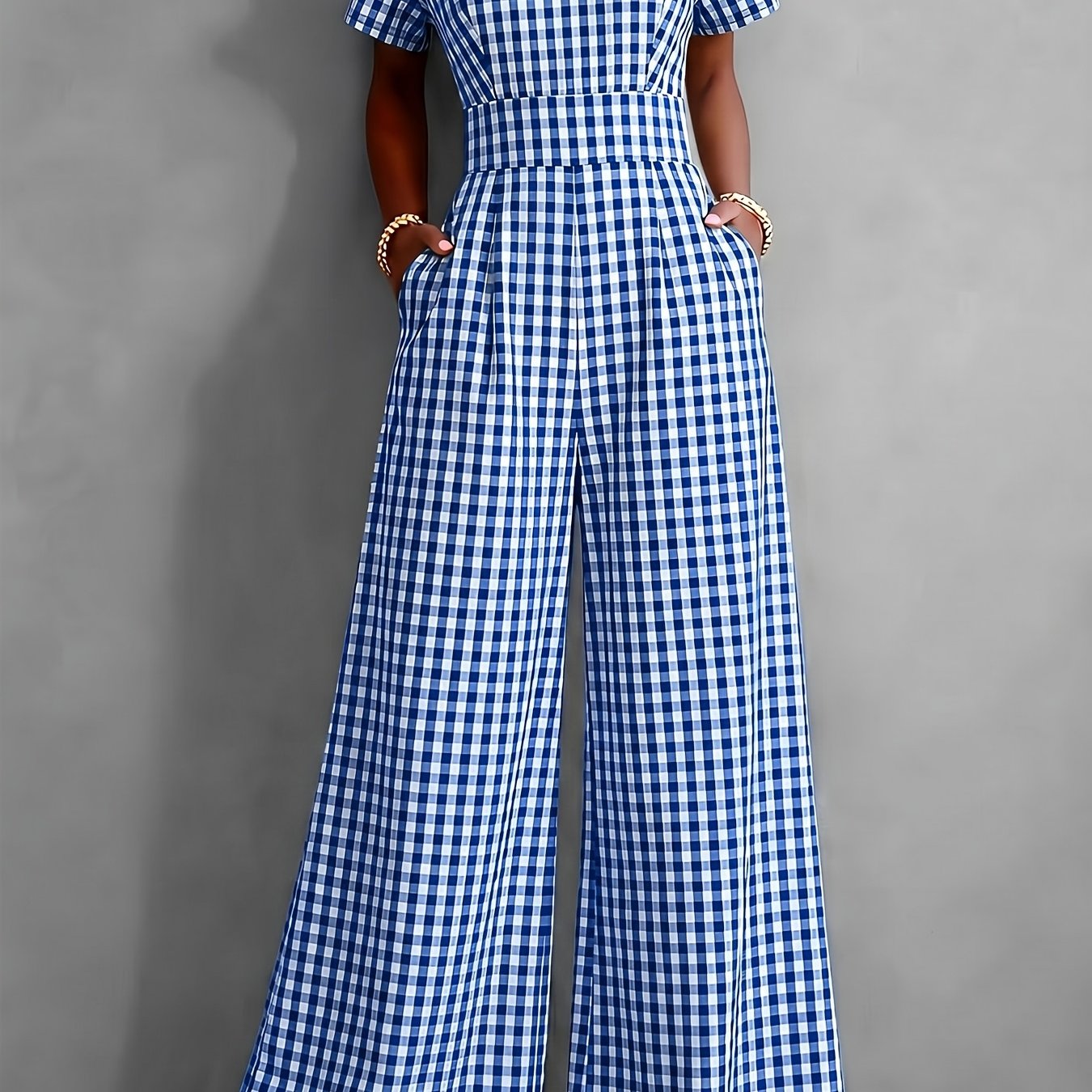2026 Spring Summer Plaid V-Neck Short Sleeve Jumpsuit Women's, High-Waist Wide-Leg Straight Long Pants, Commute Casual Two-Wear, Waist-Cinching Design Flowing Wide-Leg Trousers