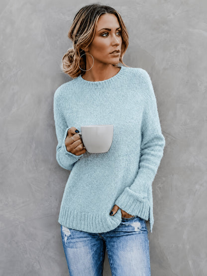 Women'S Casual Commuter Style Retro All-Match Short Front Long Back Slit Round Neck Long Sleeve Sweater Pullover