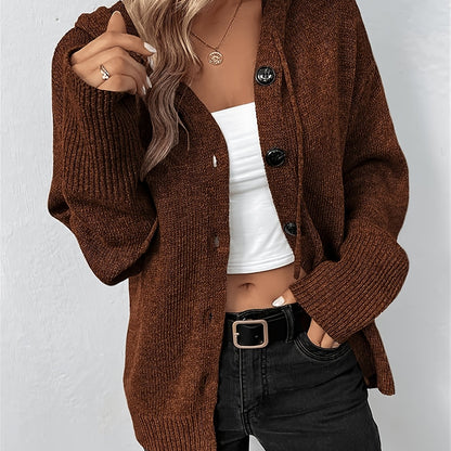 Women's Hooded Button Cardigan, Simple Solid Color Long Sleeve Top, Loose Cardigan