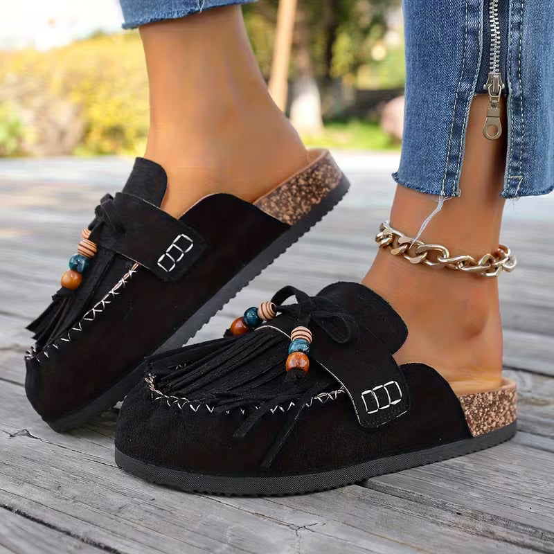 Stylish Mules for Women with Fringe Tassel Beaded Suede Slip On Moccasin Style