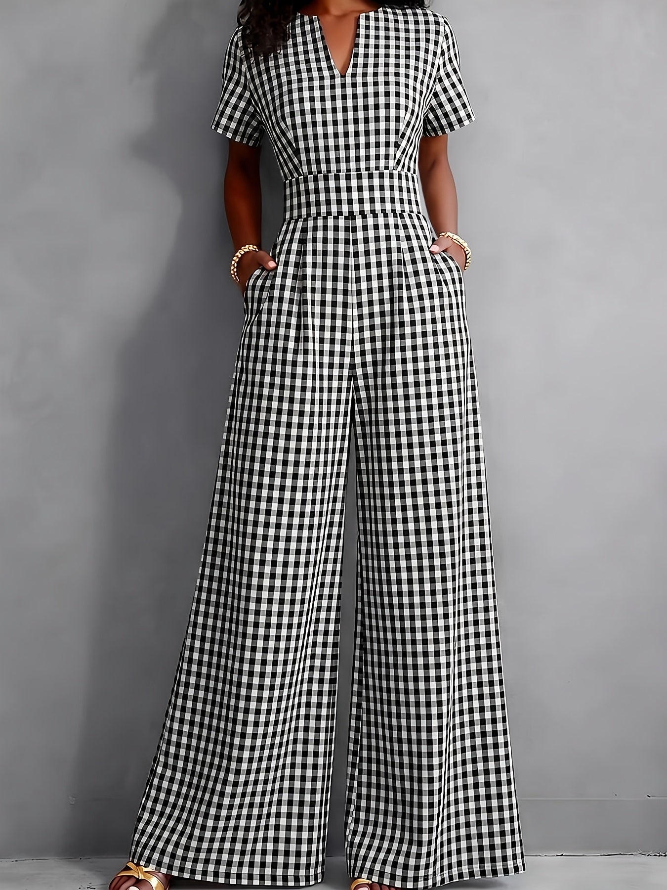 2026 Spring Summer Plaid V-Neck Short Sleeve Jumpsuit Women's, High-Waist Wide-Leg Straight Long Pants, Commute Casual Two-Wear, Waist-Cinching Design Flowing Wide-Leg Trousers