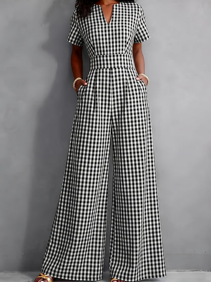 2026 Spring Summer Plaid V-Neck Short Sleeve Jumpsuit Women's, High-Waist Wide-Leg Straight Long Pants, Commute Casual Two-Wear, Waist-Cinching Design Flowing Wide-Leg Trousers